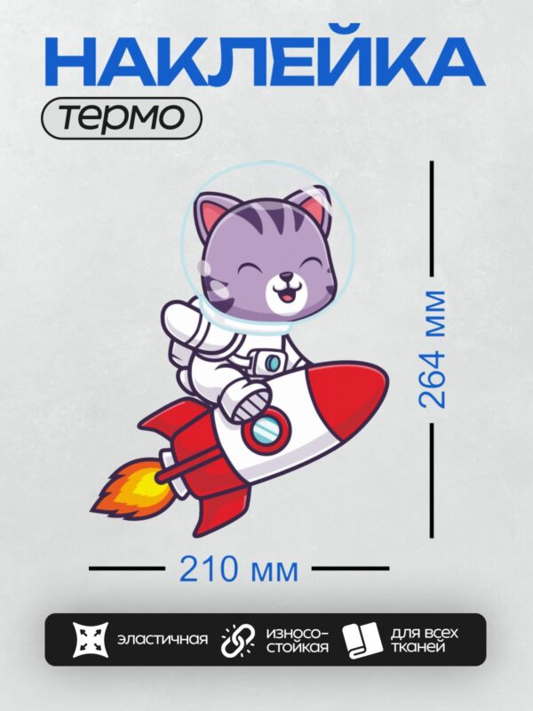 Термонаклейка на одежду DTF / Фиолетовый кот-космонавт летит на ракете.