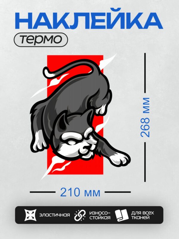 Термонаклейка на одежду DTF / Стилизованный черный кот с белыми лапами и хвостом.