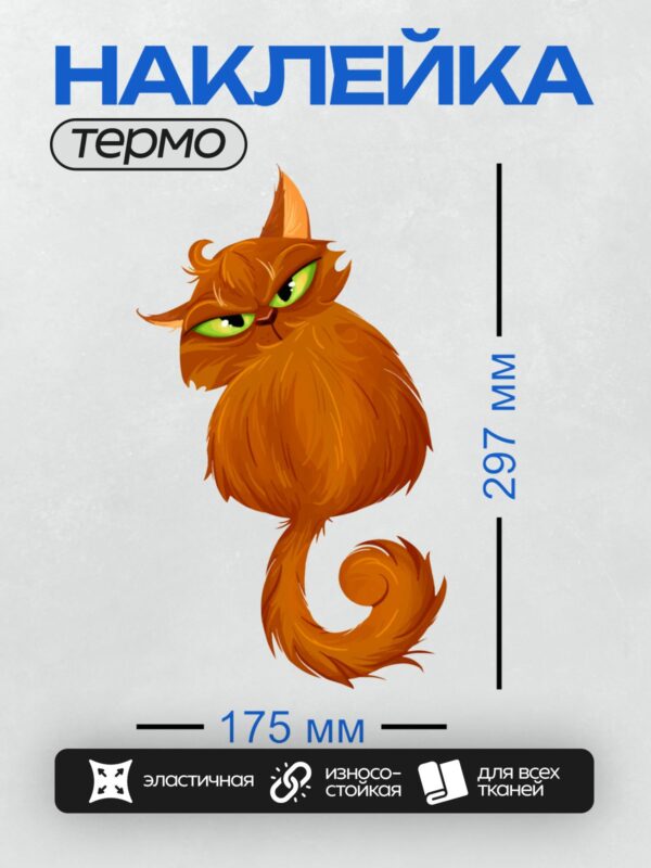 Термонаклейка на одежду DTF / Рыжий мультяшный кот с зелёными глазами и пушистым хвостом.