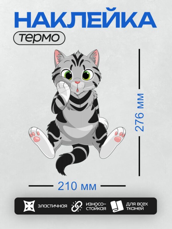 Термонаклейка на одежду DTF / Серый полосатый котёнок с большими зелёными глазами.
