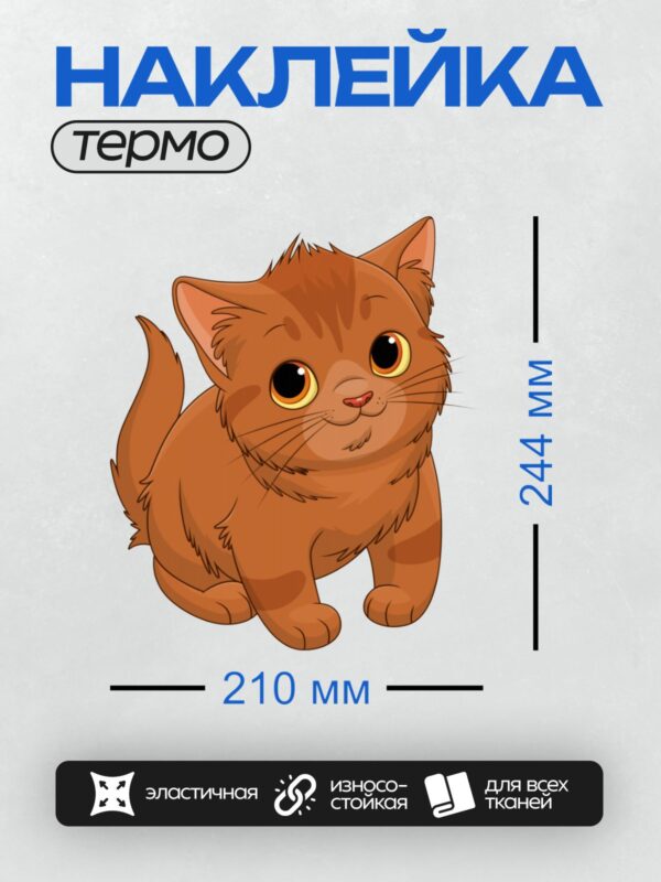 Термонаклейка на одежду DTF / Коричневый мультяшный котёнок с большими глазами.
