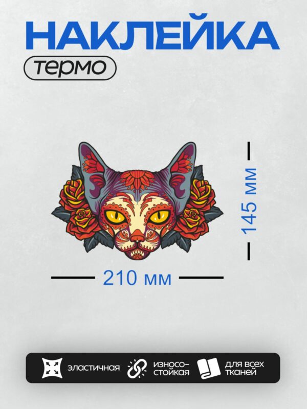 Термонаклейка на одежду DTF / Мультяшная кошка с узором сахарного черепа и розами.