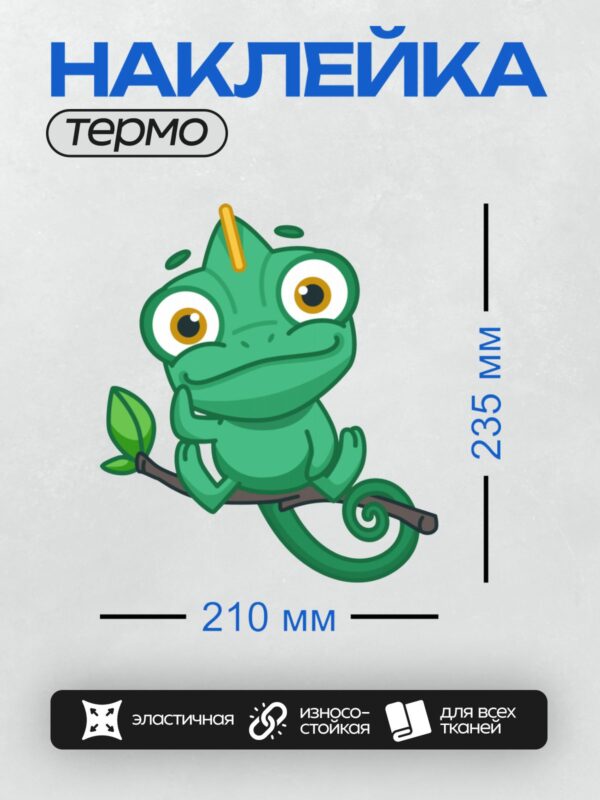 Термонаклейка на одежду DTF / Мультяшный хамелеон с большими глазами и спиральным хвостом.