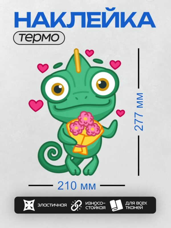 Термонаклейка на одежду DTF / Мультяшный хамелеон с букетом цветов и сердечками.