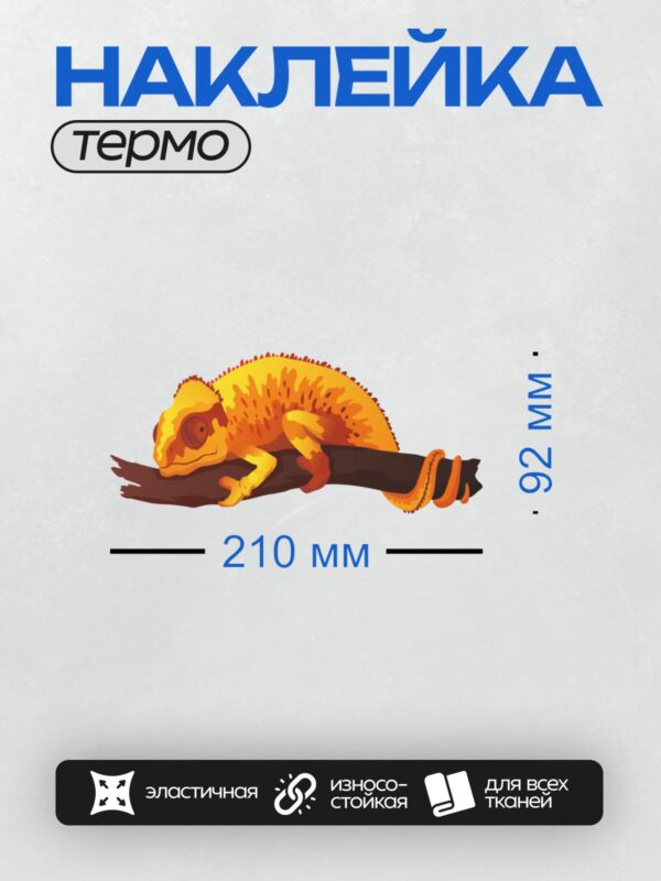 Термонаклейка на одежду DTF / Яркий хамелеон на ветке в оранжево-желтых тонах.