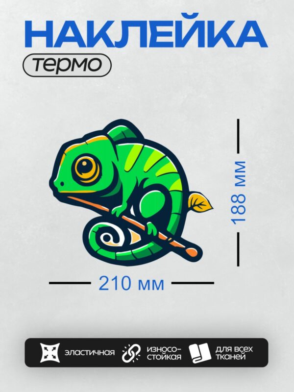 Термонаклейка на одежду DTF / Яркий хамелеон с большими глазами на ветке.