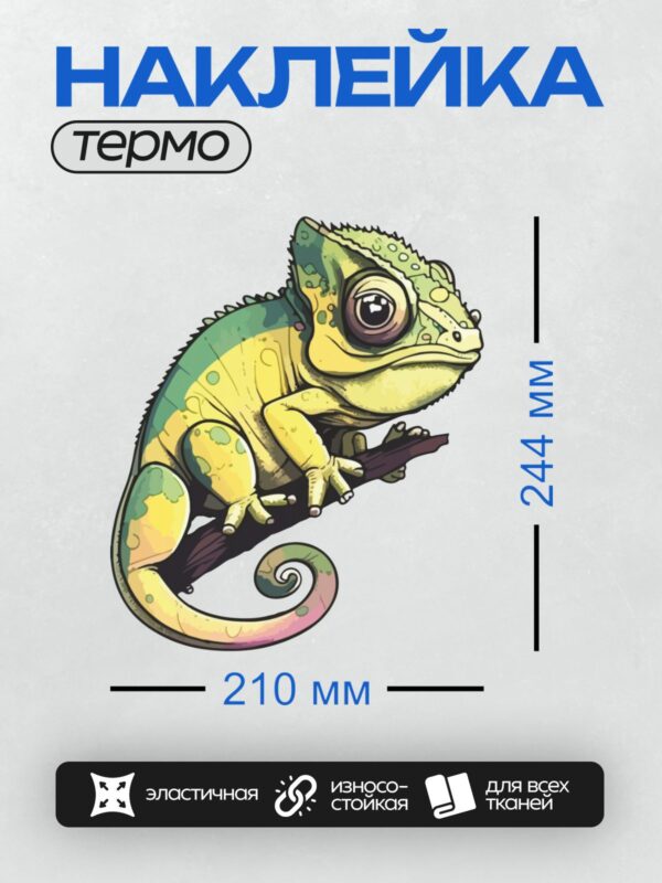 Термонаклейка на одежду DTF / Мультяшный хамелеон с большими глазами на ветке.