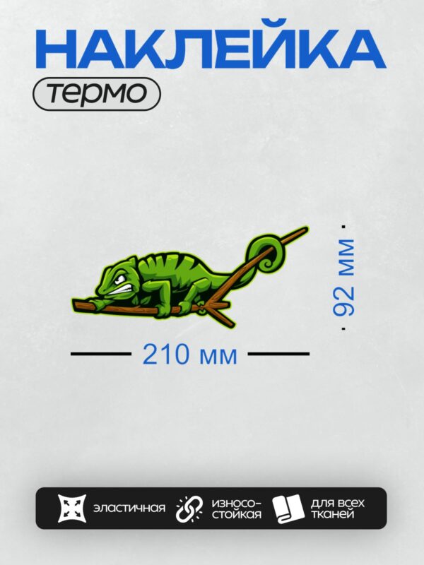 Термонаклейка на одежду DTF / Мультяшный хамелеон на ветке, яркий и забавный.