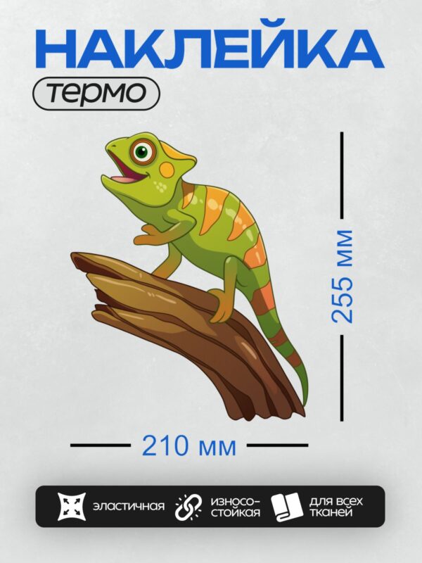 Термонаклейка на одежду DTF / Мультяшный хамелеон на ветке, яркий и забавный.