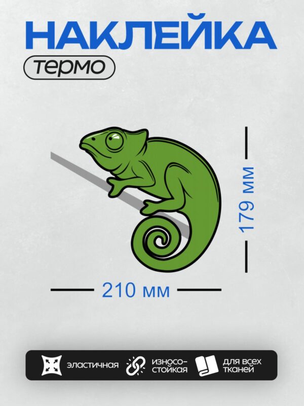 Термонаклейка на одежду DTF / Мультяшный зелёный хамелеон на ветке.
