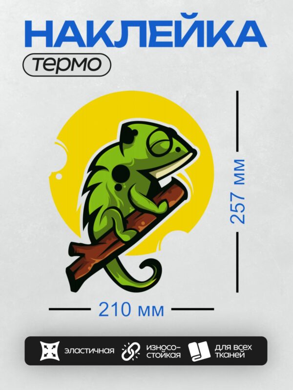 Термонаклейка на одежду DTF / Мультяшный хамелеон на ветке на жёлтом фоне.
