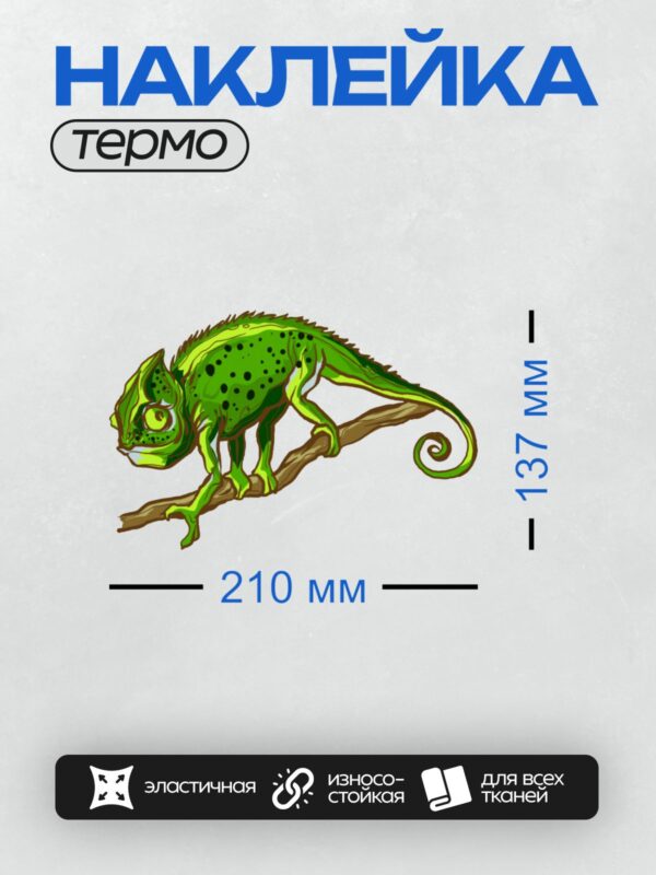 Термонаклейка на одежду DTF / Мультяшный хамелеон на ветке, яркий и забавный.