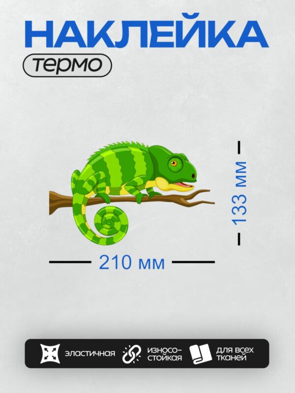 Термонаклейка на одежду DTF / Мультяшный хамелеон на ветке, яркий и забавный.