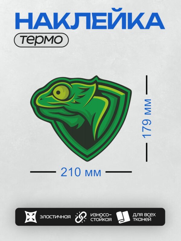 Термонаклейка на одежду DTF / Стилизованный зелёный хамелеон на щите.