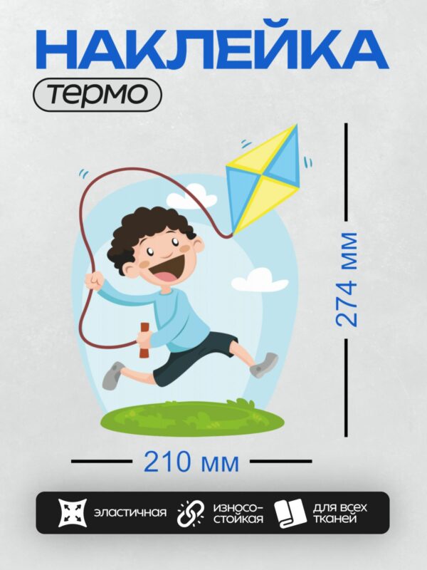 Термонаклейка на одежду DTF / Мальчик запускает воздушного змея на зелёной лужайке.