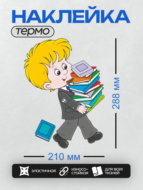 Термонаклейка на одежду DTF / Мальчик с жёлтыми волосами несёт стопку книг.