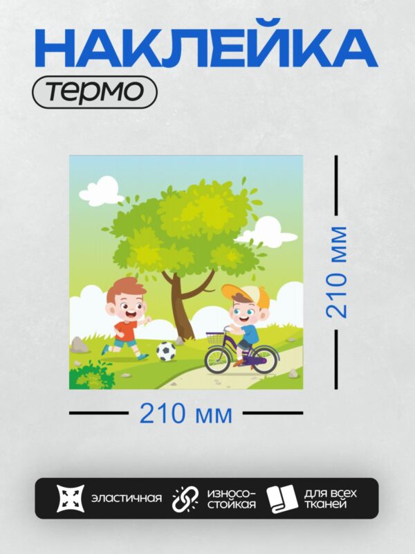 Термонаклейка на одежду DTF / Два мальчика играют на природе: один на велосипеде, другой с мячом.