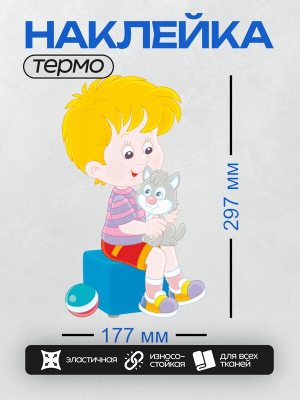 Термонаклейка на одежду DTF / Мальчик с рыжими волосами держит серого котёнка.