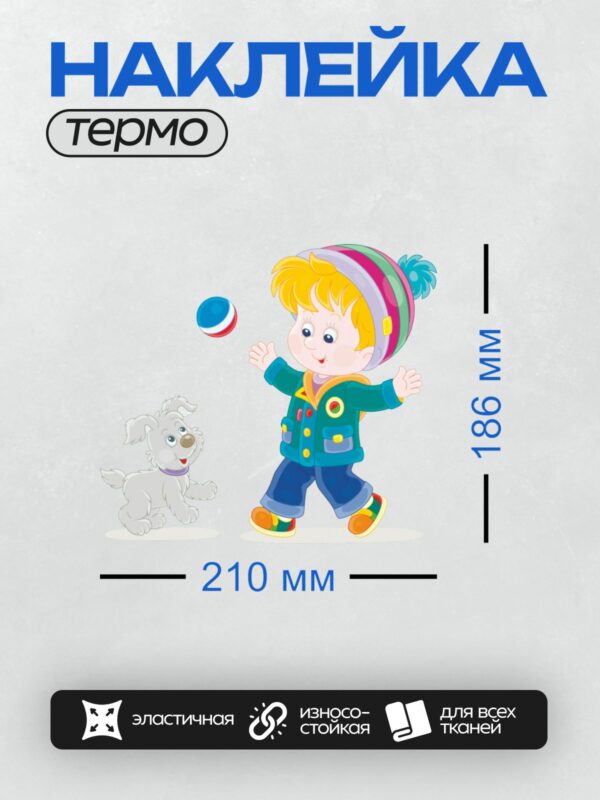 Термонаклейка на одежду DTF / Мальчик играет с мячом, рядом белая собака.