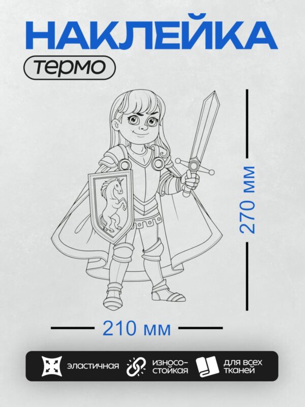 Термонаклейка на одежду DTF / Девочка в рыцарских доспехах с мечом и щитом. На щите изображён единорог.