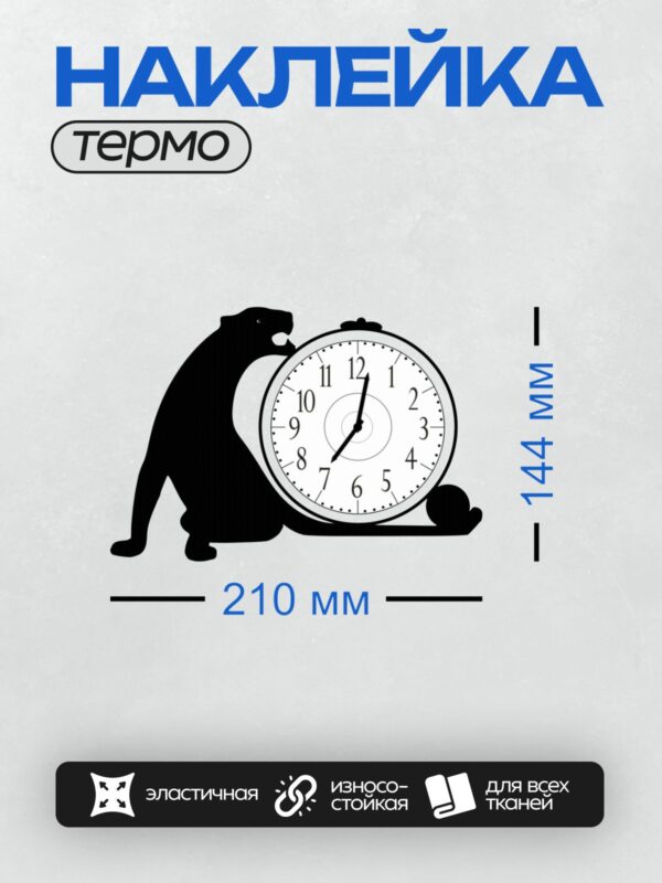 Термонаклейка на одежду DTF / Черный кот с будильником, детское изображение.