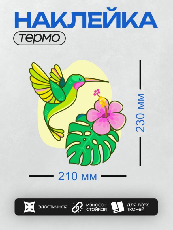Термонаклейка на одежду DTF / Колибри у тропического цветка, яркие цвета.