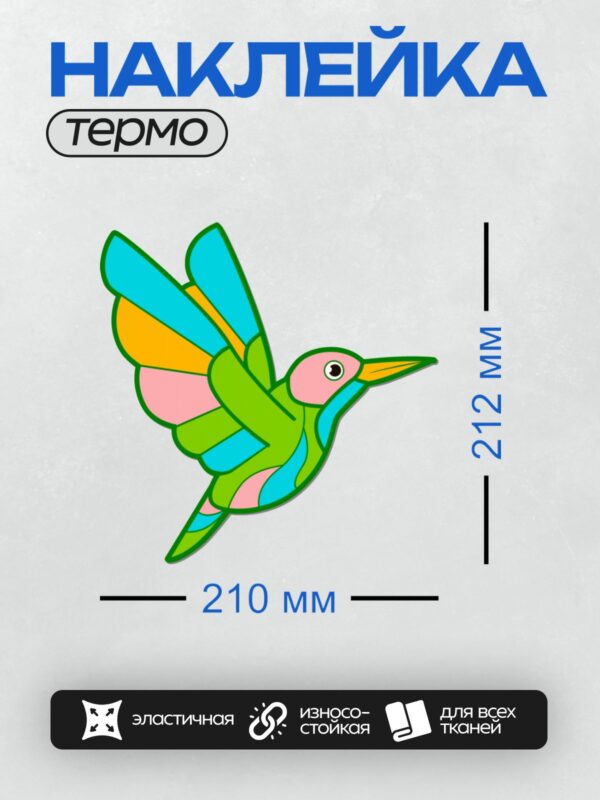 Термонаклейка на одежду DTF / Яркая колибри в мультяшном стиле с разноцветными крыльями.