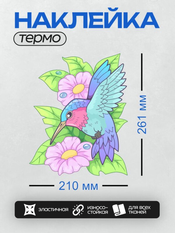 Термонаклейка на одежду DTF / Мультяшная колибри среди ярких цветов и листьев.