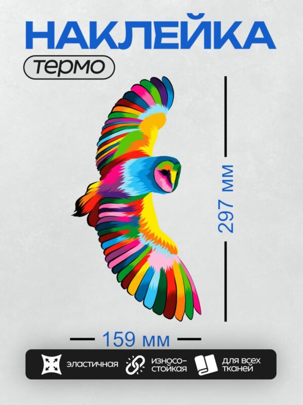 Термонаклейка на одежду DTF / Яркая радужная птица в полёте.