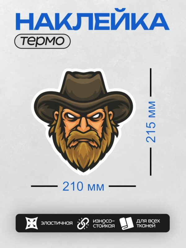 Термонаклейка на одежду DTF / Мультяшный ковбой с бородой и шляпой.