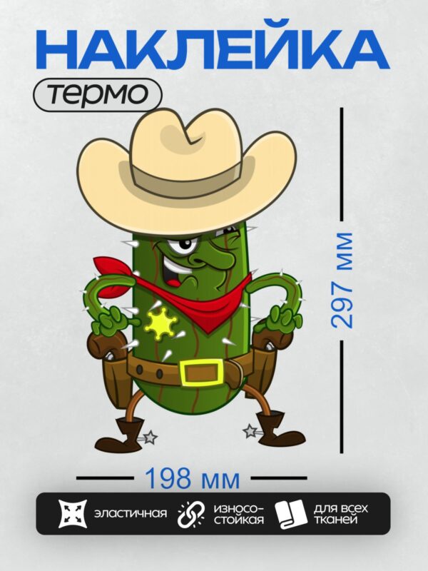 Термонаклейка на одежду DTF / Кактус-ковбой в шляпе, с лассо и звездой шерифа.