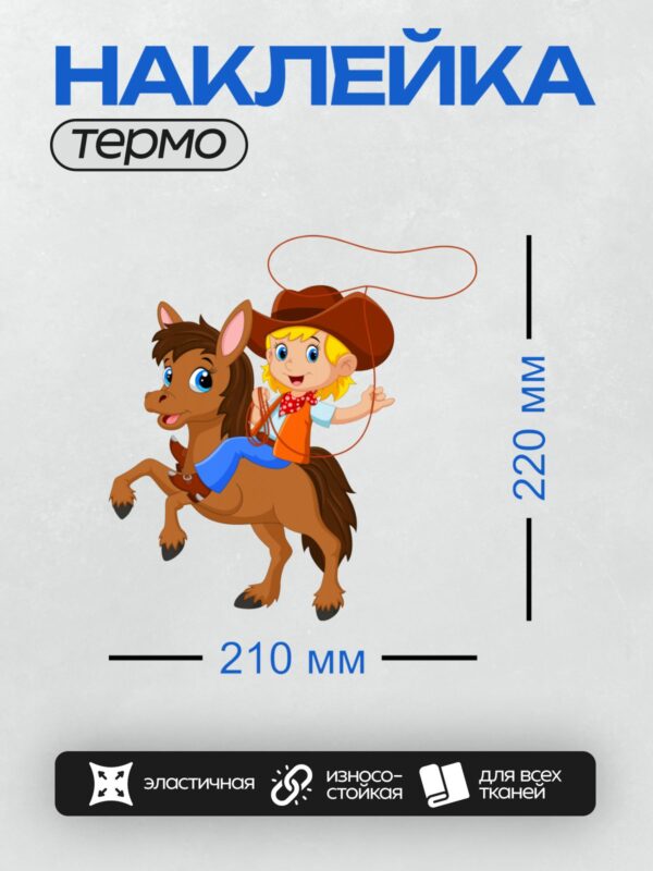 Термонаклейка на одежду DTF / Мультяшный ребенок-ковбой на лошади с лассо.