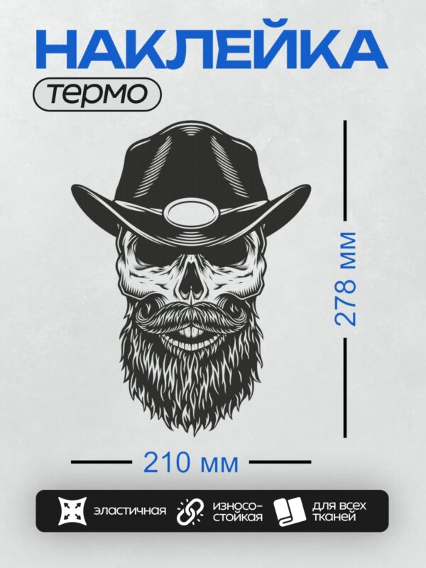 Термонаклейка на одежду DTF / Череп в ковбойской шляпе с густой бородой.