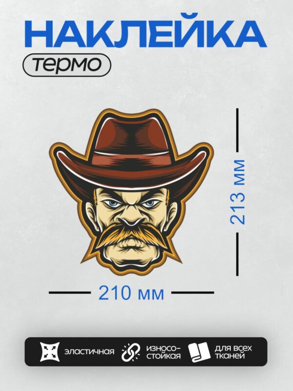 Термонаклейка на одежду DTF / Мужественный ковбой с усами в шляпе.