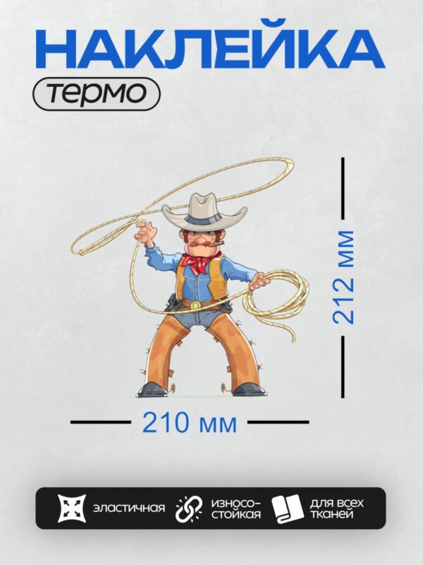Термонаклейка на одежду DTF / Весёлый ковбой с лассо в мультяшном стиле.