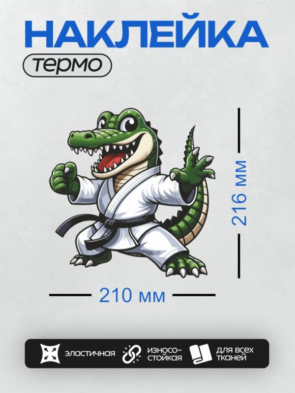 Термонаклейка на одежду DTF / Мультяшный крокодил в белом кимоно и с черным поясом.
