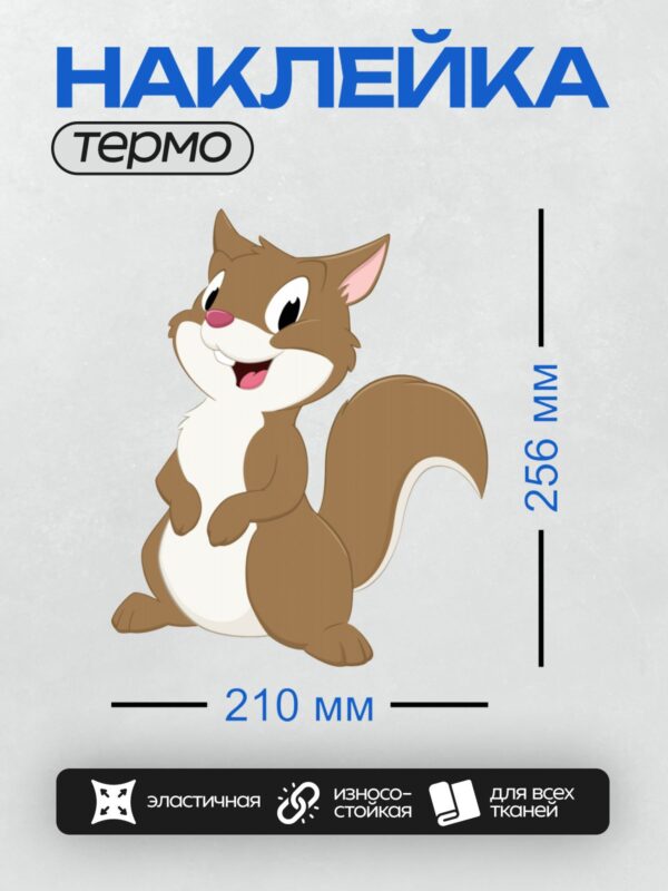 Термонаклейка на одежду DTF / Мультяшная белка с пушистым хвостом и розовым носиком.