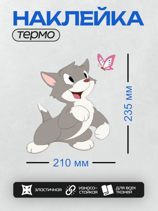 Термонаклейка на одежду DTF / Мультяшный кот Том с бабочкой рядом.