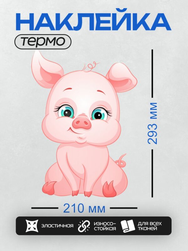 Термонаклейка на одежду DTF / Милый мультяшный поросёнок с большими голубыми глазами.