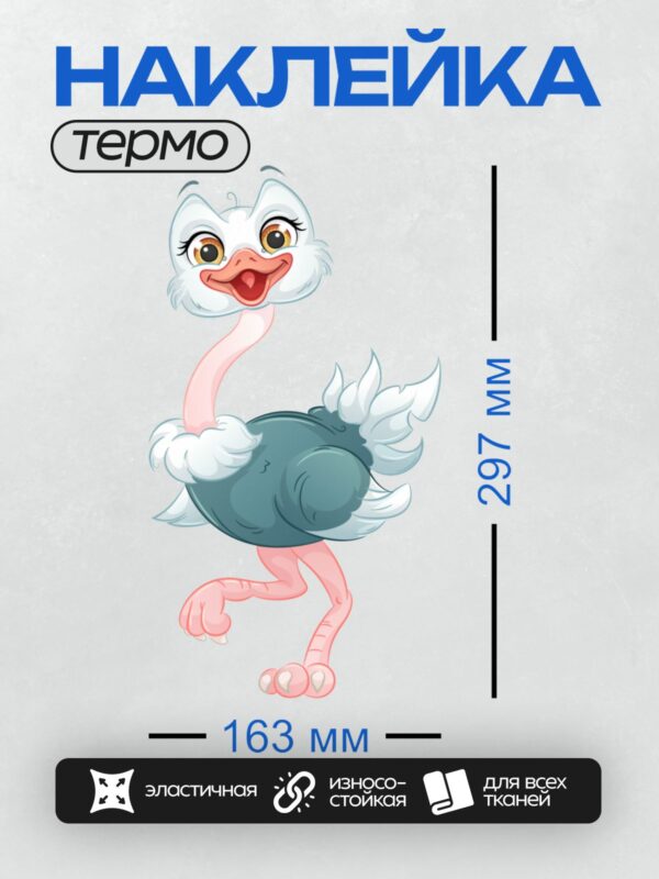 Термонаклейка на одежду DTF / Мультяшный страус с большими глазами и розовыми лапками.