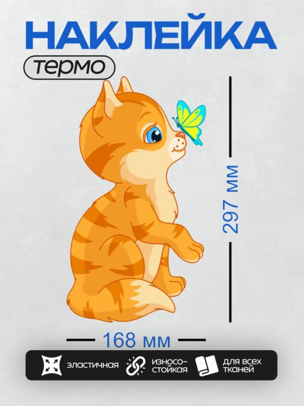 Термонаклейка на одежду DTF / Рыжий котёнок с бабочкой на носу.