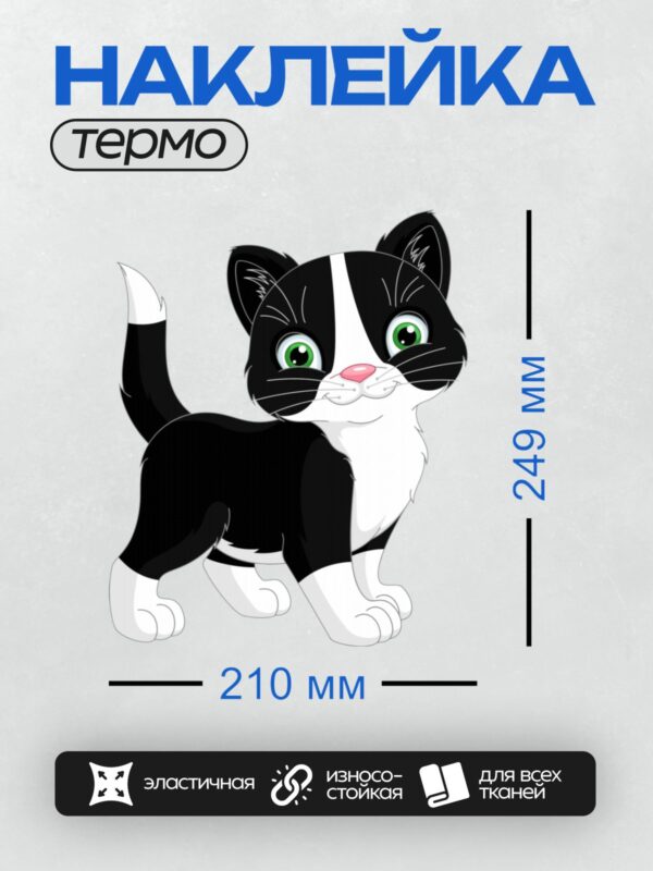 Термонаклейка на одежду DTF / Черно-белый мультяшный котенок с большими зелеными глазами.