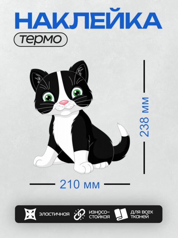 Термонаклейка на одежду DTF / Черно-белый мультяшный котенок с большими зелеными глазами.