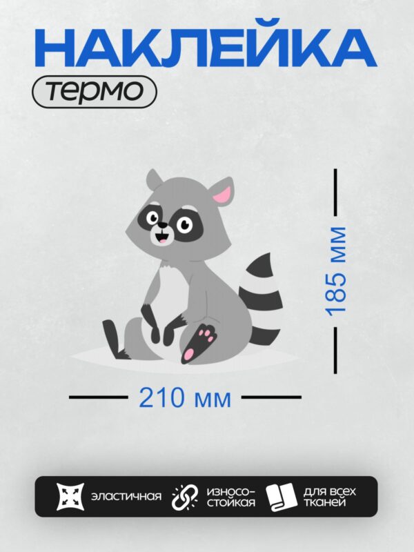 Термонаклейка на одежду DTF / Мультяшный енот с большими глазами и полосатым хвостом.