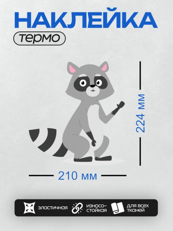 Термонаклейка на одежду DTF / Мультяшный енот с большими глазами и полосатым хвостом.