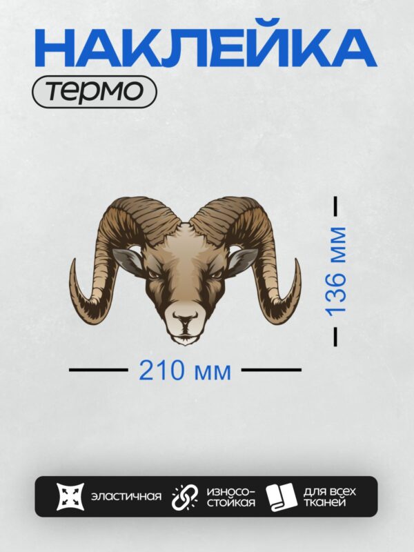 Термонаклейка на одежду DTF / Голова барана с большими изогнутыми рогами.