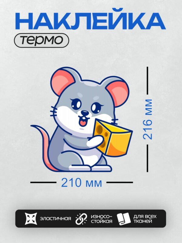 Термонаклейка на одежду DTF / Милая мультяшная мышь с куском сыра в лапках.