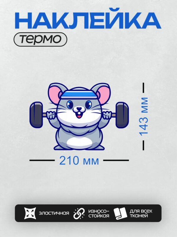 Термонаклейка на одежду DTF / Мультяшная мышь с гантелями и повязкой на голове.