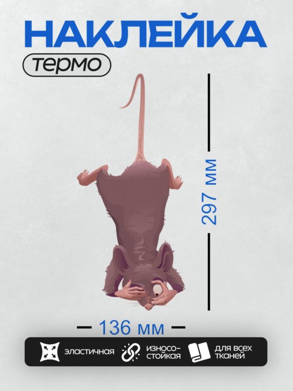 Термонаклейка на одежду DTF / Мультяшная крыса висит вниз головой на хвосте.