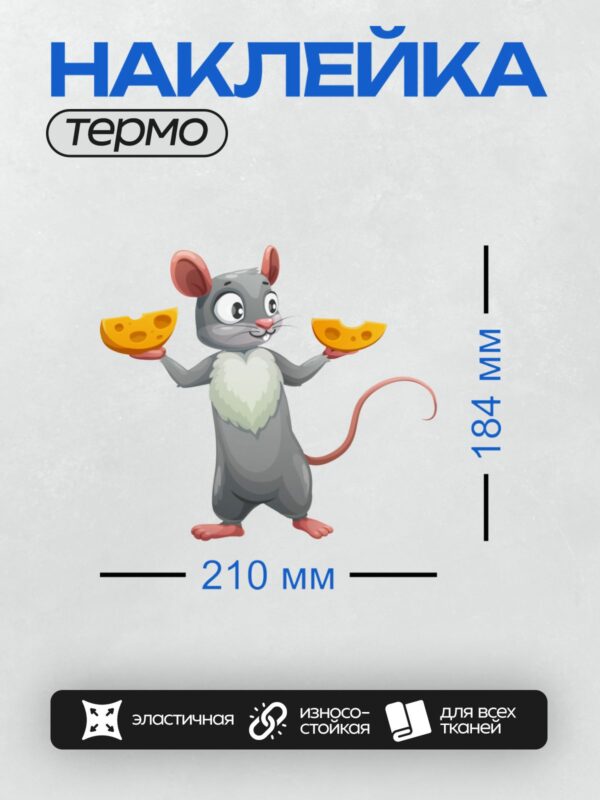 Термонаклейка на одежду DTF / Мультяшная мышка с двумя кусками сыра в лапках.